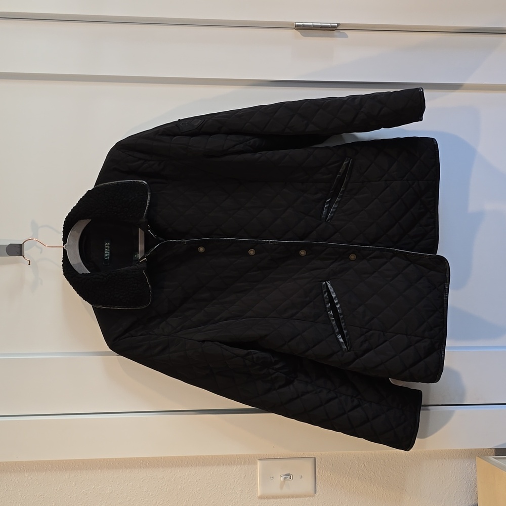 Lauren Ralph Lauren Water Repellent Black Quilted Sherpa Trim Signature Jacket M